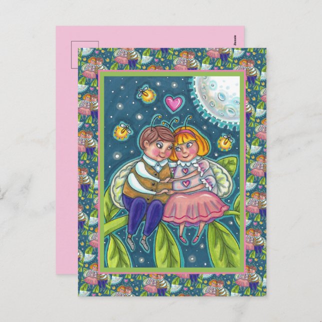 LOVE BUGS, FIREFLIES & FULL MOON, CUTE VALENTINE HOLIDAY POSTCARD (Front/Back)