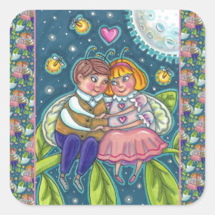LOVE BUGS, FIREFLIES & FULL MOON, CUTE VALENTINE SQUARE STICKER