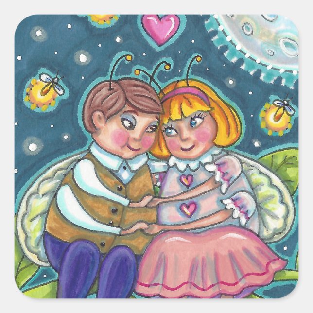 LOVE BUGS, FIREFLIES & FULL MOON, CUTE VALENTINE SQUARE STICKER (Front)