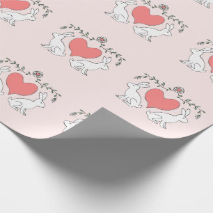 Love Bunny & Hearts Print Wrapping Paper - Pink