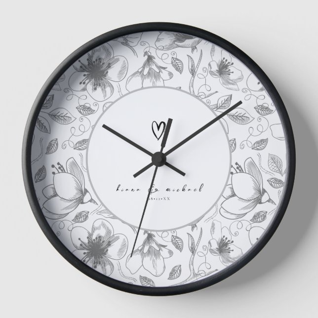 Love Calligraphy Floral w/Names Border Blk ID940 Clock (Front)