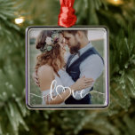 Love Calligraphy Heart Photo Metal Ornament<br><div class="desc">The perfect photo keepsake gift for the newlyweds</div>