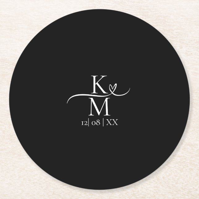 Love Calligraphy Initials Heart White B&W ID940 Round Paper Coaster (Front)