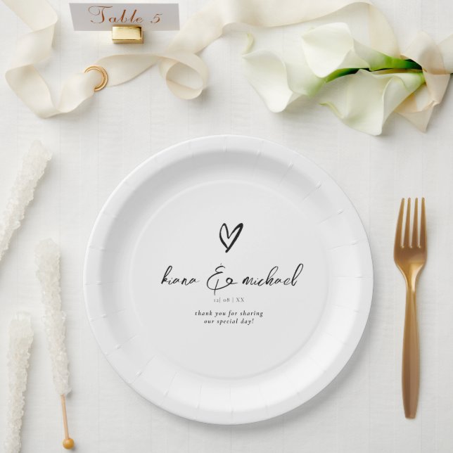 Love Calligraphy Thank You Heart Black B&W ID940 Paper Plate (Wedding)
