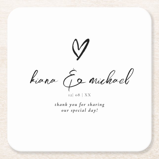 Love Calligraphy Thank You Heart Black B&W ID940 Square Paper Coaster (Front)