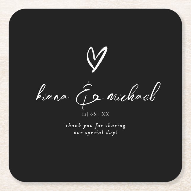 Love Calligraphy Thank You Heart Wht B&W ID940 Square Paper Coaster (Front)