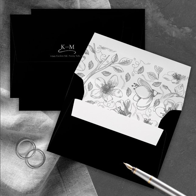 Love Calligraphy Wedding Floral Pattern B&W ID940 Envelope (Interior/Back In Situ)