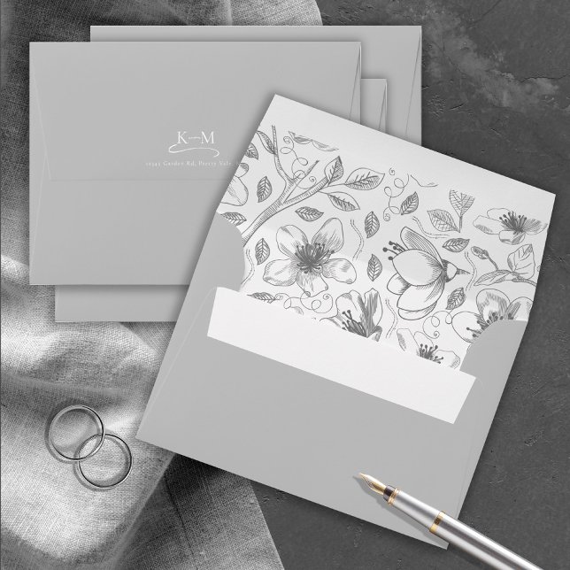 Love Calligraphy Wedding Floral Pattern Grey ID940 Envelope (Interior/Back In Situ)
