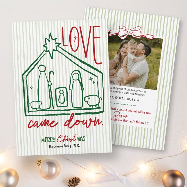 Love Came Down Hand Drawn Manger CHRISTmas Photo Holiday Card (Love Came Down whimsical hand drawn manger Merry CHRISTmas bow bible verse unique photo holiday card)