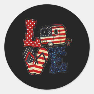 Love Camping Usa Flag 4th Of July Flip Flop Camper Classic Round Sticker