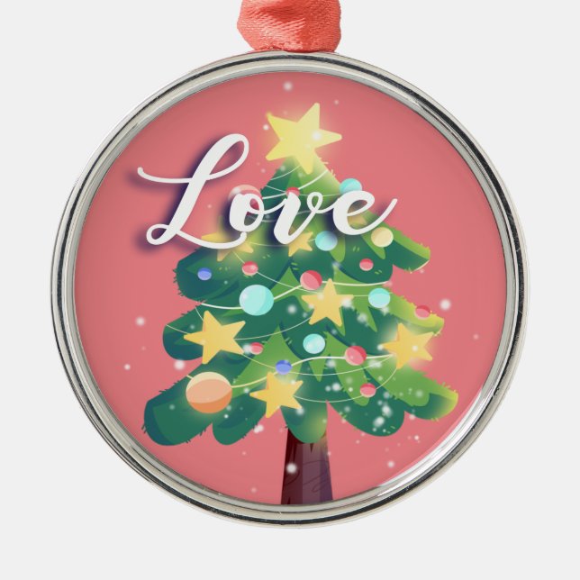 Love Caption Carton Christmas Tree Pink  Metal Ornament (Front)