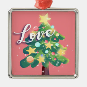 Love Caption Carton Christmas Tree Pink Metal Ornament