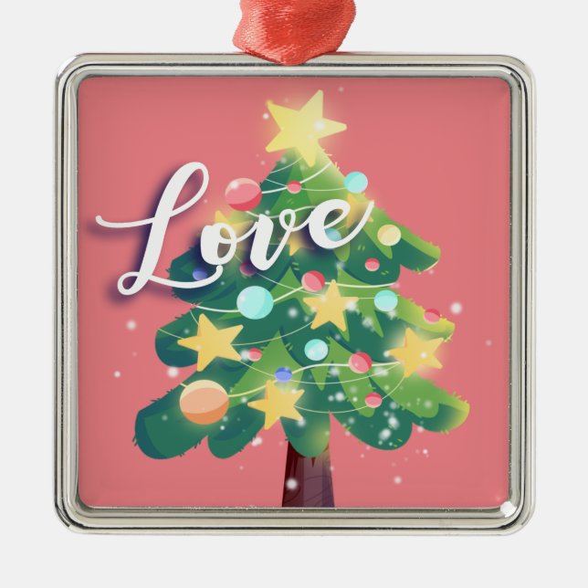 Love Caption Carton Christmas Tree Pink Metal Ornament (Front)