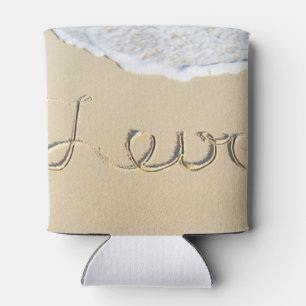 Love carved sign on the beach sand can cooler