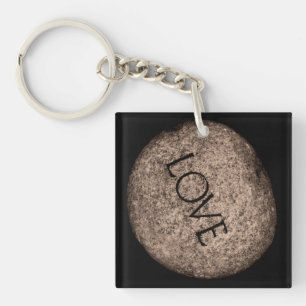 "Love" Carved Stone in Sepia Key Ring