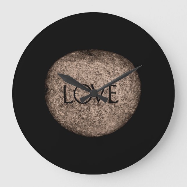 "Love" Carved Stone in Sepia Large Clock (Front)