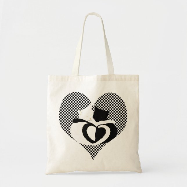 Love Cats - black & white tails, entwined hearts Tote Bag (Front)