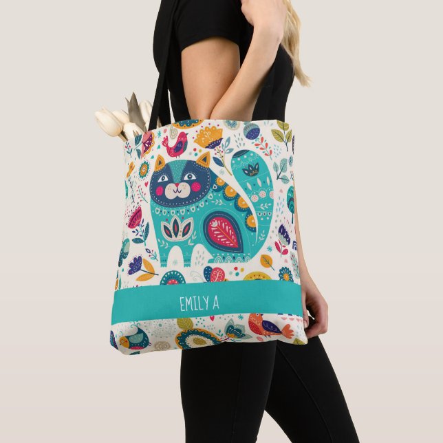 Love Cats Scandinavian Folk Art Flowers Birds Name Tote Bag (Close Up)