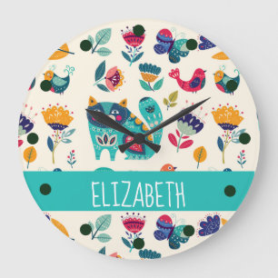 Love Cats Scandinavian Folk Art Girls Decor NAMED Large Clock