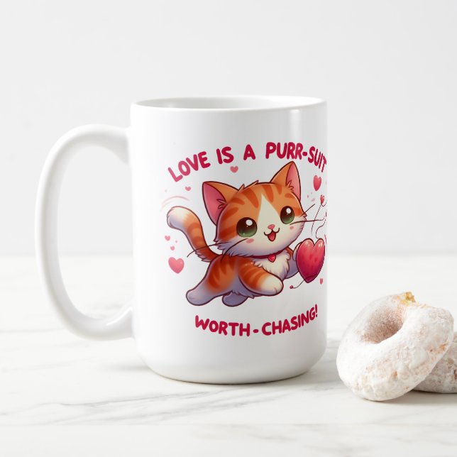 Love Chasing Happiness Cat Inspired Valentine Coffee Mug (With Donut)