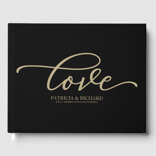 Love Chic Gold Script Black Wedding Guest Book (Front)