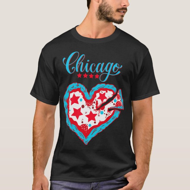 Love Chicago Pizza Heart Chicago Flag Gift T-Shirt (Front)