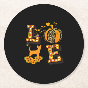 Love Chihuahua Leopard Print Pumpkin Halloween Round Paper Coaster