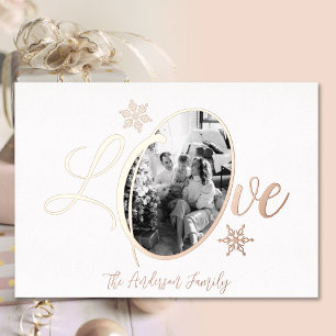 Love Christmas family photo snowflake rose gold Foil Holiday Card