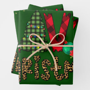 Love Christmas in Patterns and Leopard Print Wrapping Paper Sheet