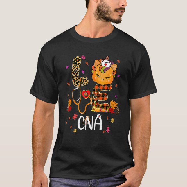 Love CNA Unicorn Pumpkin Leopard Print Nursing Hal T-Shirt (Front)