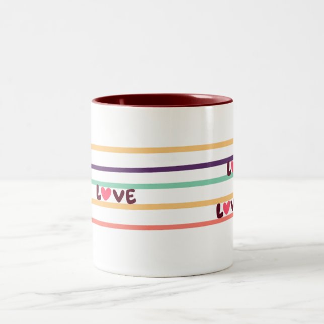 "Love Coffee Mug – Vibrant Colourful Lines Design" (Center)