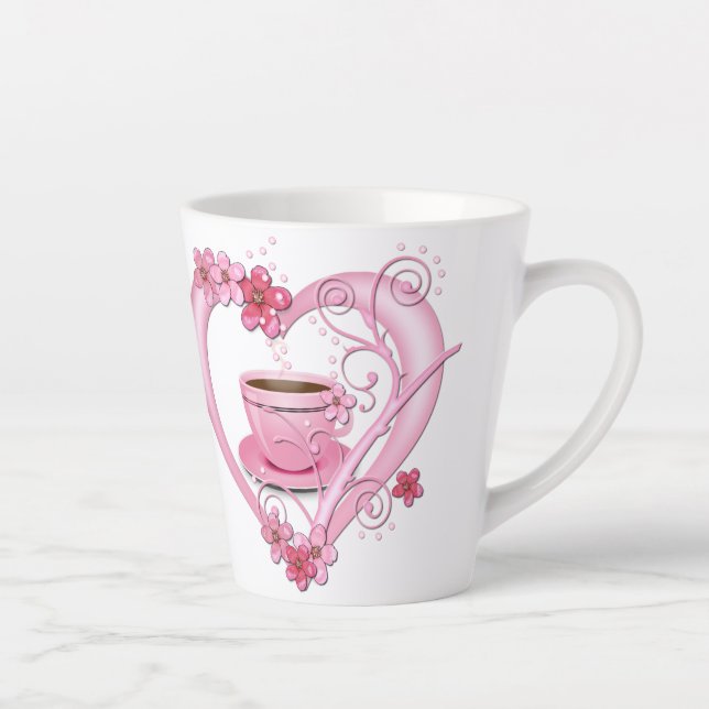 Love Coffee Pink Flowers Heart Latte Mug (Right)