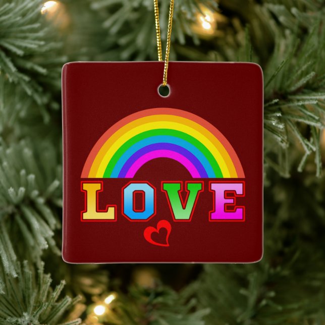 Love Colourful Rainbow Red Heart Ceramic Ornament (Tree)