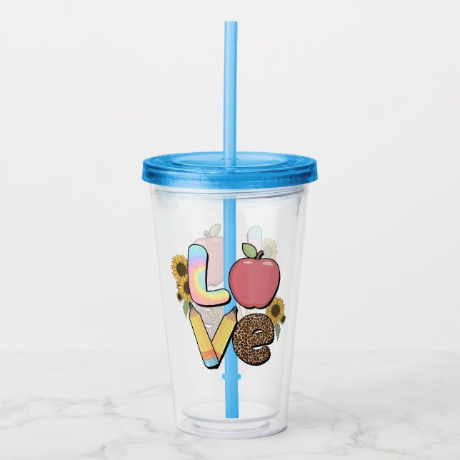 Love - Colourful Teacher Design with Apple & Penci Acrylic Tumbler (Front)