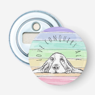 love conquers all dog rainbow basset hound  bottle opener