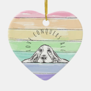 love conquers all dog rainbow basset hound  ceramic ornament