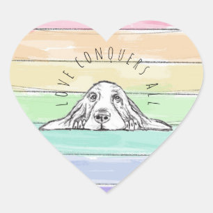 love conquers all dog rainbow basset hound  heart sticker