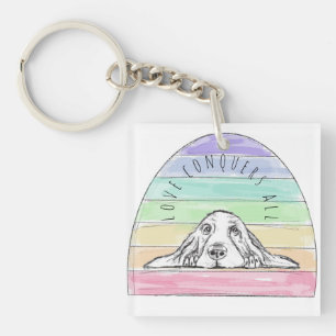 love conquers all dog rainbow basset hound  key ring