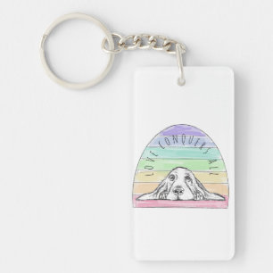 love conquers all dog rainbow basset hound key ring