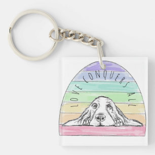 love conquers all dog rainbow basset hound key ring
