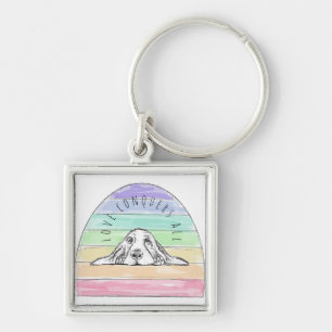 love conquers all dog rainbow basset hound key ring