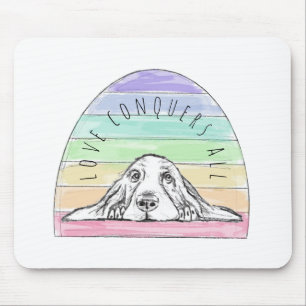 love conquers all dog rainbow basset hound mouse pad