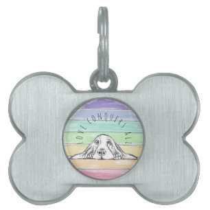 love conquers all dog rainbow basset hound pet ID tag