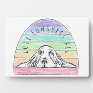 love conquers all dog rainbow basset hound plaque