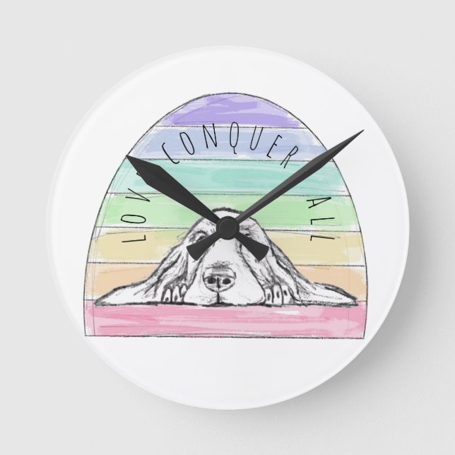 love conquers all dog rainbow basset hound   round clock (Front)