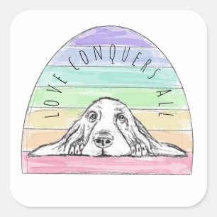 love conquers all dog rainbow basset hound square sticker