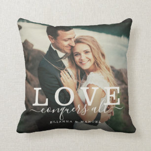 Love Conquers All Modern Brush Script Couple Photo Cushion