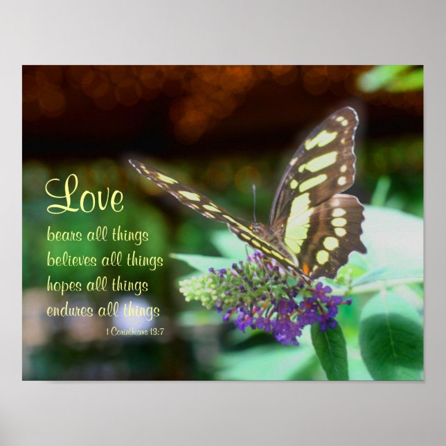 Love Corinthians 13:7 Butterfly Bible Quote Poster (Front)