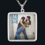 Love Couple Photo & Initials Monogram Necklace<br><div class="desc">Celebrate your love with a beautiful pendant that features a photo of the couple and their initials.  Perfect for an engagement,  wedding or Valentine's gift. White text on a soft denim blue flag banner.</div>