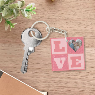 Love Couple Photo Pink Hearts Pattern Valentines Key Ring